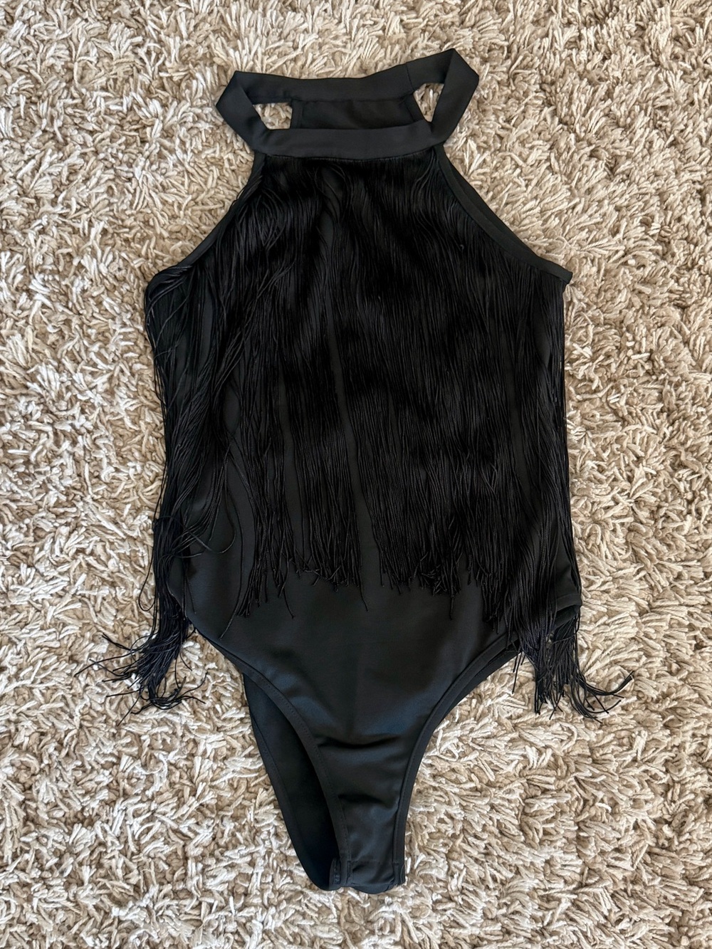 Black Fringe Halter Bodysuit/Leotard for Women